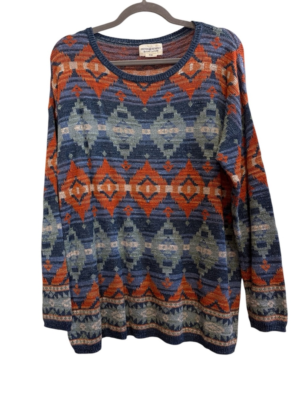 Denim & Supply Ralph Lauren Blue and Orange Aztec Western Crewneck Sweater sz XL